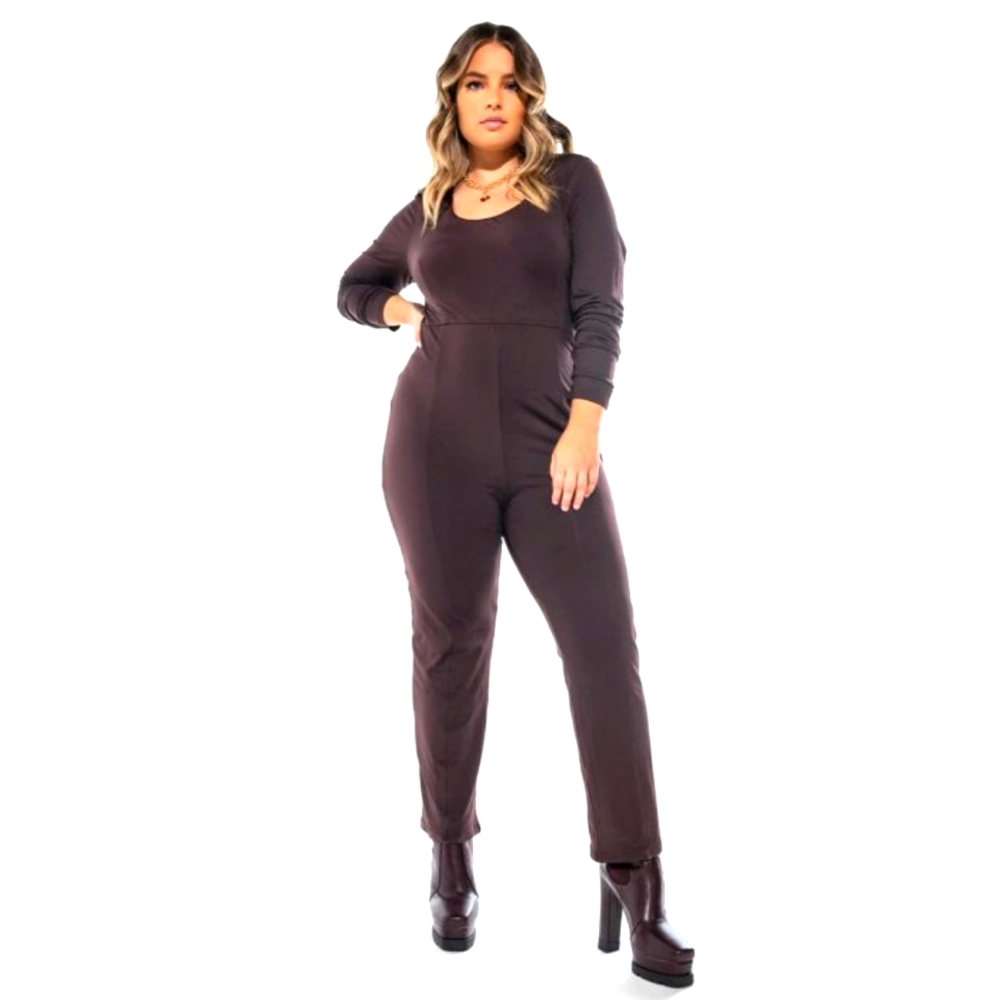 NWT AKIRA PLUS LEGENDARY LONG SLEEVE SCOOP NECK JUMPSUIT, Chocolate, Size 1X